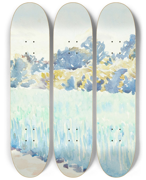 Triptych art skateboard deck of Peter Hansen Fynsk Landskab Kornmark Ved En Skov by Peter Hansen (1868-1928)