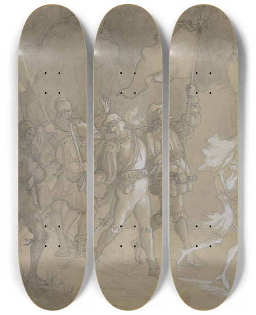 Triptych art skateboard deck of Victor Mller Ein Zug Historisch Gewandeter Krieger Angefhrt Vom Trommelnden Tod by Victor Muller (1829-1871)