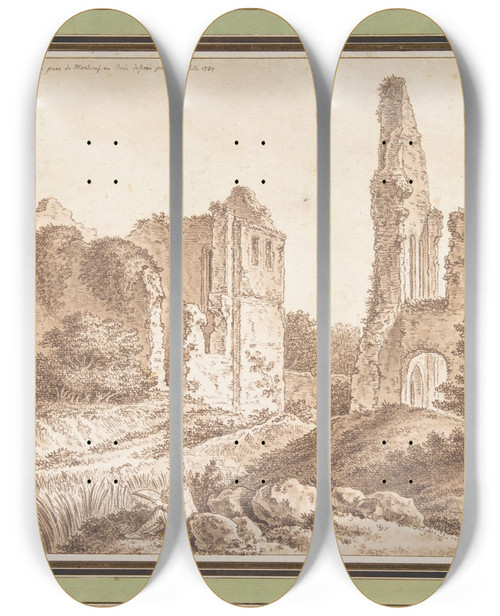 Triptych art skateboard deck of Johann Georg Wille Ruins Of The Chteau Of Becoiseau Near Mortcerf Seineetmarne by Johann Georg Wille (1715-1808)