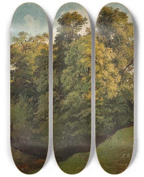 Triptych art skateboard deck of Friedrich Zeller Salzburg Trees Set Against The Untersberg by Friedrich Zeller (1817-1896)