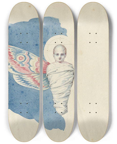 Triptych art skateboard deck of David Humbert De Superville Wikkelkind Met Vlindervleugel En Aureool De Kinderziel by David Humbert De Superville (1770-1849)