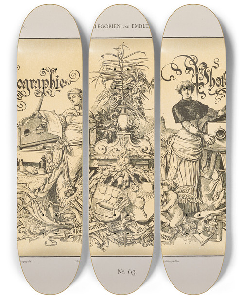 Triptych art skateboard deck of Albert Ilg Allegorien Und Embleme Vol I Pl070 by Albert Ilg (1847-1896)