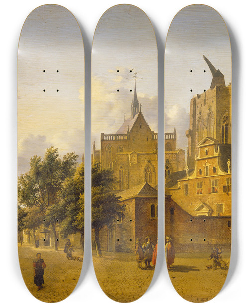 Triptych art skateboard deck of Jan Van Der Heyden A Street Scene In Cologne by Jan van der Heyden (1637-1712)