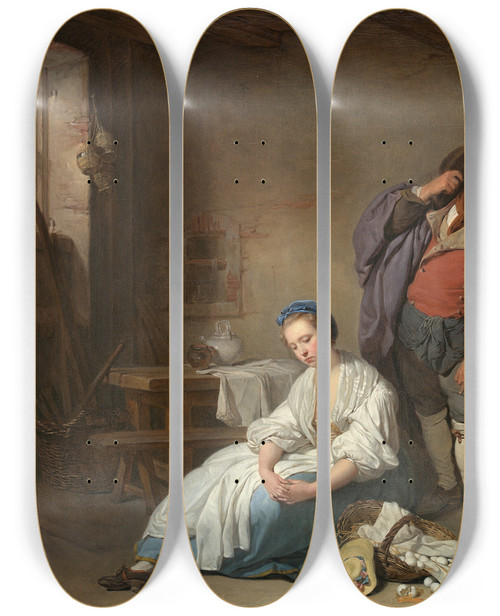 Triptych art skateboard deck of Jeanbaptiste Greuze Broken Eggs by Jean-Baptiste Greuze (1725-1805)
