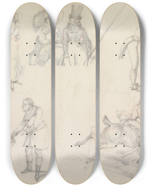 Triptych art skateboard deck of Henry Thomas Alken Symptoms Of Promising A Vote Of Reminding An Elector Of A Bang Up Drive In A Lunday Of Spoiling A Chicken Of Breaking A Hunter18221827 by Henry Thomas Alken (1785-1851)