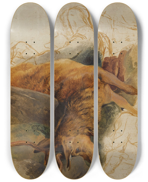 Triptych art skateboard deck of Sir Edwin Henry Landseer A Dead Stag With Sketched Figures Ofa Ghillie And Hounds by Sir Edwin Henry Landseer (1802-1873)