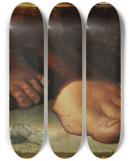 Triptych art skateboard deck of Jean Auguste Dominique Ingres Studies For Foot In Jesus Giving The Keys To Saint Peter by Jean Auguste Dominique Ingres (1780-1867)