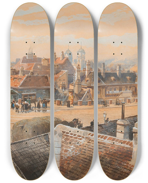 Triptych art skateboard deck of Friedrich Frank A View Of The Viennese Suburb Lichtenthal With Schubert Church by Friedrich Frank (1871-1945)