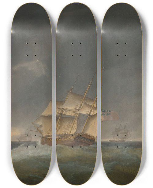 Triptych art skateboard deck of Thomas Whitcombe Running Into Stormy Weather Off Gibraltar by Thomas Whitcombe (1763-1824)