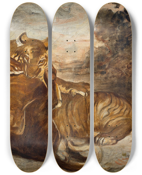 Triptych art skateboard deck of Antoinelouis Barye Two Tigers At Play by Antoine-Louis Barye (1796-1875)