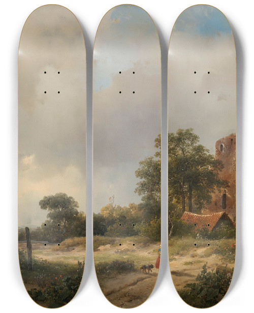 Triptych art skateboard deck of Andreas Schelfhout Landscape With The Ruins Of Brederode Castle In Santpoort by Andreas Schelfhout (1787-1870)