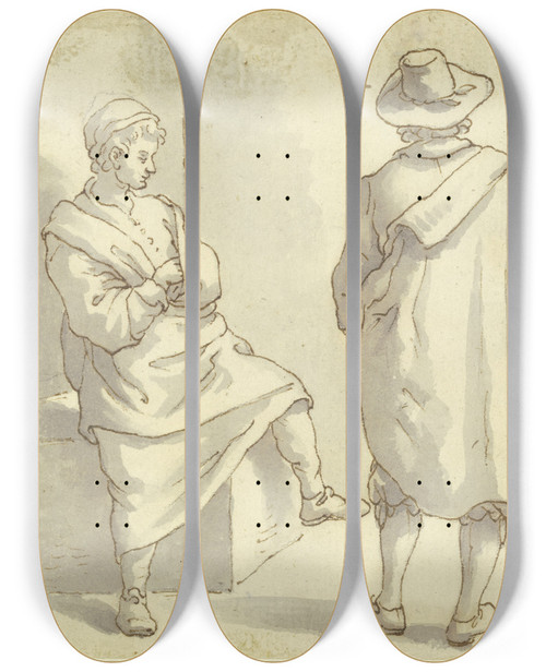Triptych art skateboard deck of Stefano Della Bella Zwei Matrosen Und Ein Herr In Hut Und Mantel by Stefano Della Bella (1610-1664)
