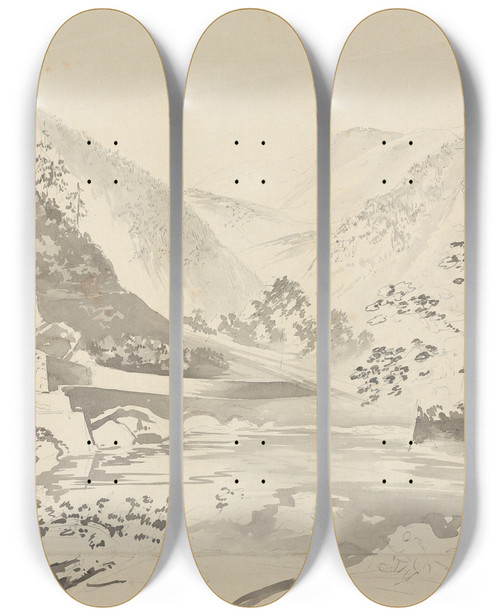 Triptych art skateboard deck of Samuel Davis A River Scene With Mountains In The Background by Samuel Davis (1757-1819)