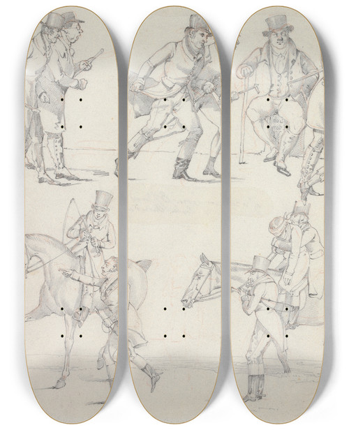 Triptych art skateboard deck of Henry Thomas Alken Symptoms Of A Few Neat Ones Going To A Mill Of Returning From The Epping Hunt by Henry Thomas Alken (1785-1851)