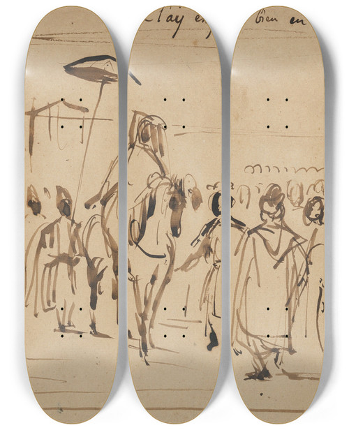 Triptych art skateboard deck of Eugne Delacroix Study For The Sultan Of Morocco And His Entourage_1 by Eugene Delacroix (1798-1863)