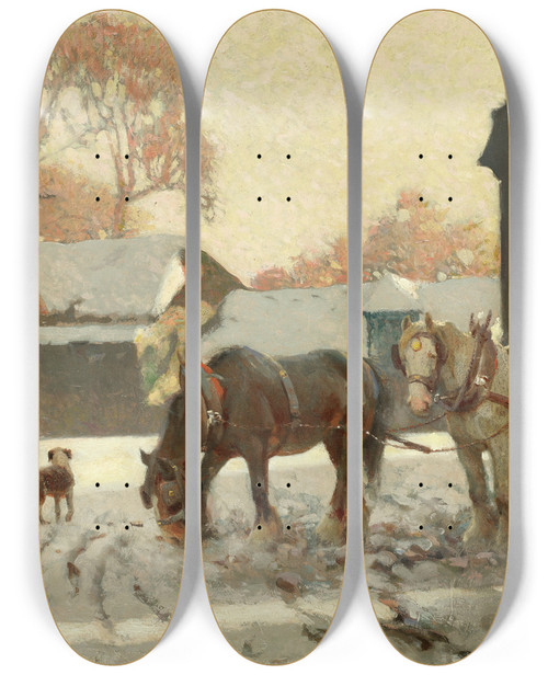 Triptych art skateboard deck of Frederick Hall One Winters Morn by Frederick Hall (1860-1948)