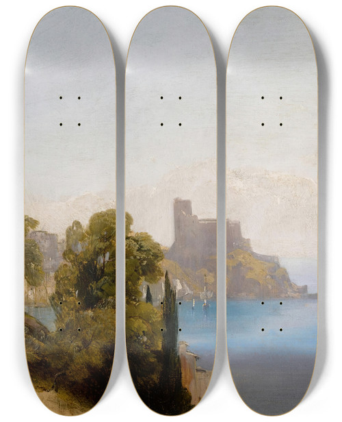 Triptych art skateboard deck of Richard Parkes Bonington View Of Lerici With Baron Charles Rivet Sketching In The Foreground by Richard Parkes Bonington (1802-1828)
