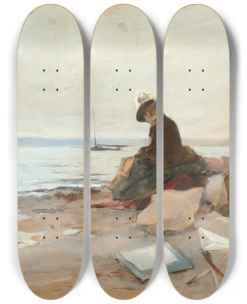 Triptych art skateboard deck of Alfred Stevens Femme Peintre En Bord De Mer by Alfred Stevens (1817-1875)