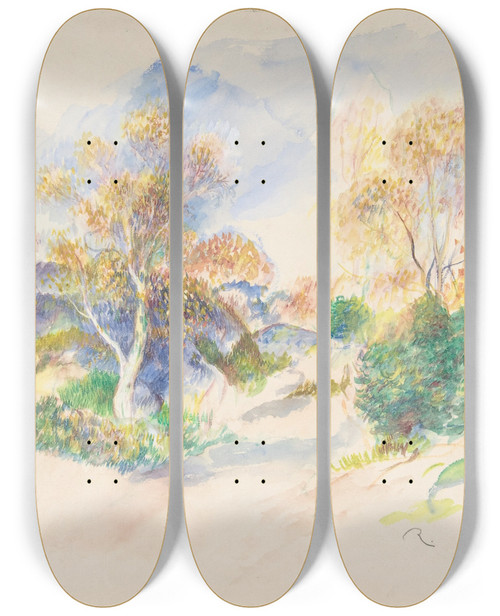 Triptych art skateboard deck of Pierreauguste Renoir Landscape With A Path Between Trees by Pierre-Auguste Renoir (1841-1919)