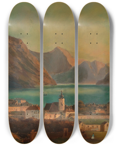 Triptych art skateboard deck of Ferdinand Lepie A View Of Gmunden In The Background Schloss Orth by Ferdinand Lepie (1824-1883)