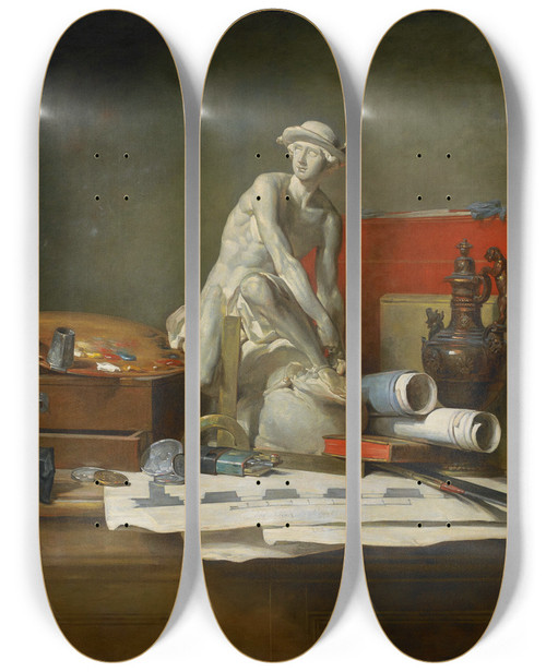 Triptych art skateboard deck of Jean Simon Chardin The Attributes Of The Arts And The Rewards Which Are Accorded Them by Jean Simeon Chardin (1699-1779)