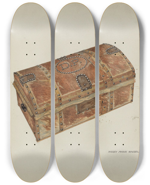 Triptych art skateboard deck of Harry Mann Waddell Cowhide Trunk by Harry Mann Waddell (1876-1956)
