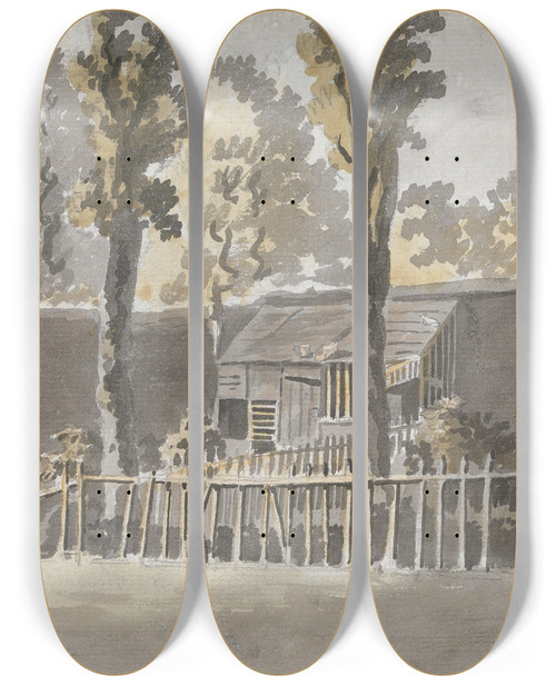 Triptych art skateboard deck of James Miller Trees Before A House by James Miller (1773-1814)