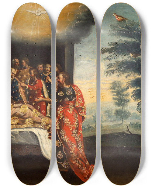 Triptych art skateboard deck of Cusco School Dormancy Of The Virgin by Cusco School