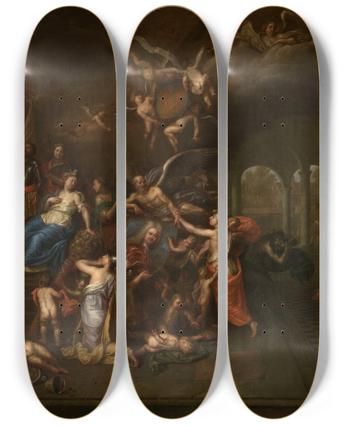 Triptych art skateboard deck of Hendrick Govaerts The Guild Of The Young Albarest Venerates The Portrait Of The Dean Karel De Cordes by Hendrick Govaerts (1669-1720)