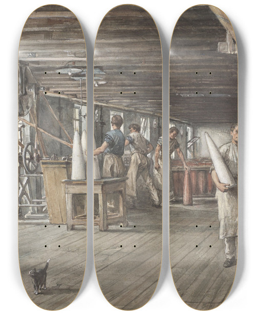 Triptych art skateboard deck of Ernst Witkamp Interieur Van De Suikerfabriek Van De Firma Vom Rath by Ernst Witkamp (1854-1897)