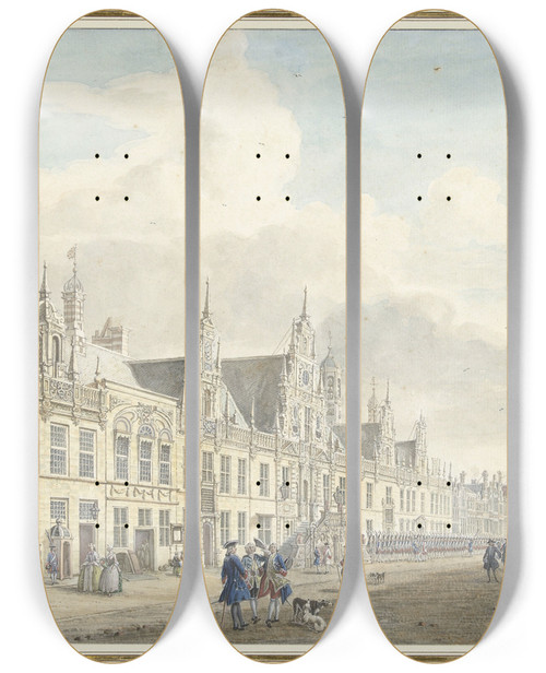 Triptych art skateboard deck of Jan De Beijer Het Stadhuis Van Leiden by Jan de Beijer (1703-1780)