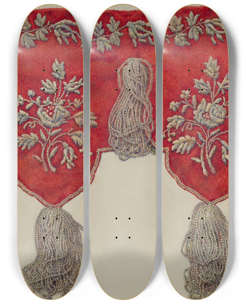 Triptych art skateboard deck of Vera Van Voris Victorian Shelf Drapery by Vera Van Voris
