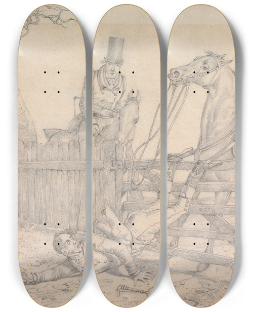 Triptych art skateboard deck of Henry Thomas Alken Sporting Notions I Have A Notion You Must Either Pull Him Over Or Persuade Him To Pull You Back Again by Henry Thomas Alken (1785-1851)