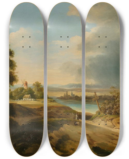 Triptych art skateboard deck of Fryderyk Skarbek Landscape With A Windmill by Fryderyk Skarbek (1792-1866)