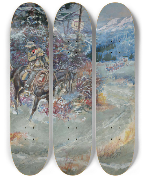 Triptych art skateboard deck of Charles Marion Russell An Unscheduled Stop by Charles Marion Russell (1864-1926)