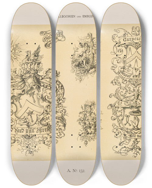 Triptych art skateboard deck of Albert Ilg Allegorien Und Embleme Vol Ii Pl143 by Albert Ilg (1847-1896)