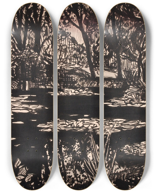 Triptych art skateboard deck of Henry Lyman Saen Untitled Lily Pond by Henry Lyman Saen (1875-1918)