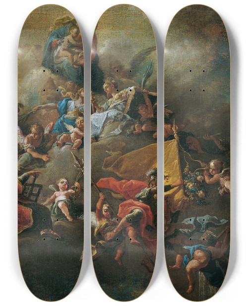 Triptych art skateboard deck of Franz Anton Palko Mary With The Child And Saints Enthroned On Clouds by Franz Anton Palko (1717-1766)