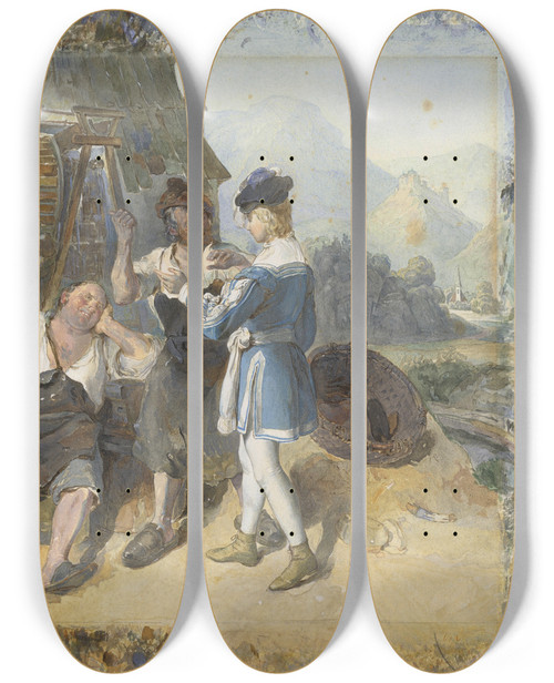 Triptych art skateboard deck of Peter Fendi Fridolin And Two Workmen By The Forge by Peter Fendi (1796-1842)