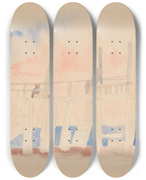 Triptych art skateboard deck of Charles Demuth Pier With Fourfigures by Charles Demuth (1883-1935)
