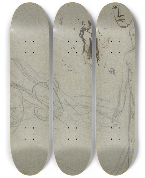 Triptych art skateboard deck of Christian Leberecht Vogel Bereinander Liegende Figuren Ein Mnnlicher Akt Eine Weitere Gestalt Sowie Ein Gesicht by Christian Leberecht Vogel