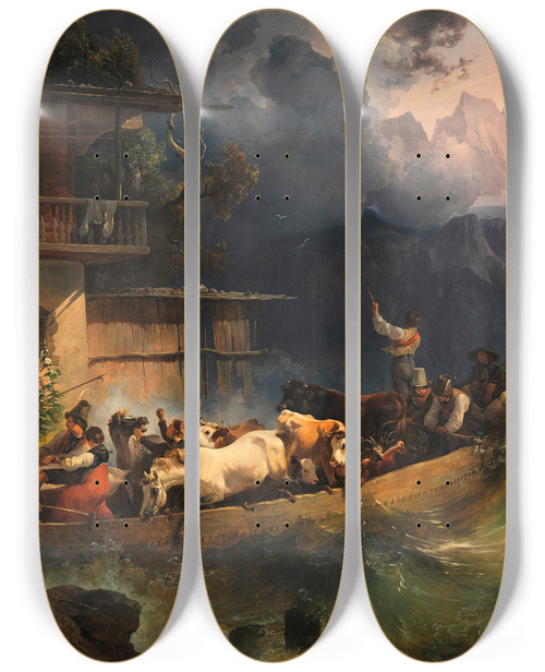 Triptych art skateboard deck of Friedrich August Matthias Gauermann Ein Alpenschiff Im Sturm by Friedrich August Matthias Gauermann (1807-1862)
