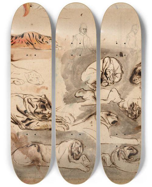 Triptych art skateboard deck of Eugne Delacroix Sketches Of Tigers And Men In 16Th Century Costume by Eugene Delacroix (1798-1863)