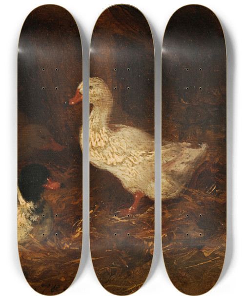 Triptych art skateboard deck of Charles Emile Jacque Canards Dans Une Bassecour by Charles Emile Jacque (1813-1894)