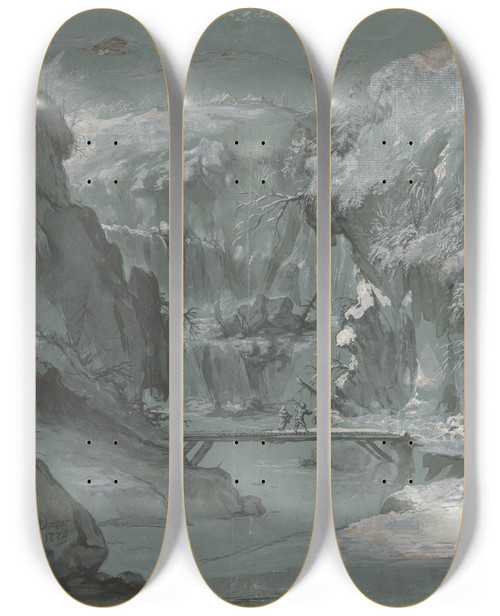 Triptych art skateboard deck of Johann Jakob Dorner The Elder Tiefe Gebirgsschlucht Mit Einem Wasserfall In Der Mitte Ein Steg Ber Den Zwei Personen Gehen by Johann Jakob Dorner The Elder