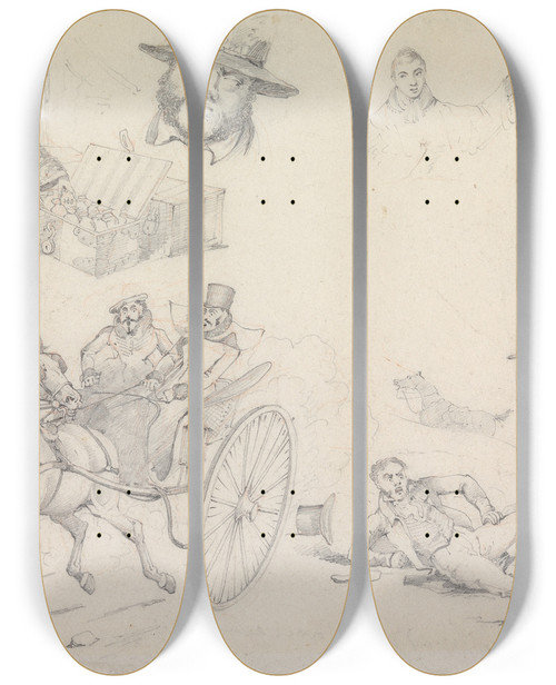 Triptych art skateboard deck of Henry Thomas Alken Symptoms Of A Great One Of A Fine One Of A Queer One Of A Save All Of A View On Brighton Cliff Of Just Got Over A Gate by Henry Thomas Alken (1785-1851)