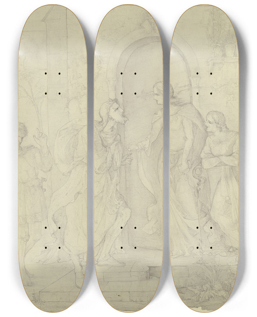 Triptych art skateboard deck of Victor Mller Mann Einen Sack Ber Die Schulter Geworfen Spricht Unter Dem Spott Umstehender Eine Junge Frau An by Victor Muller (1829-1871)