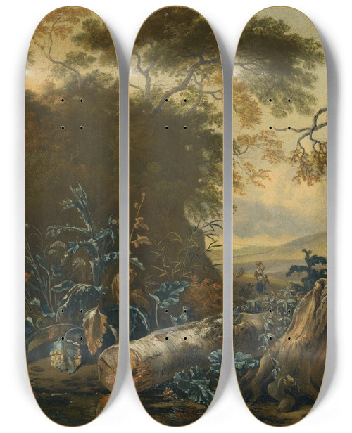 Triptych art skateboard deck of Jan Wijnants A Landscape With Trees And Foliage Beside The Edge Of A Pond by Jan Wijnants (1632-1684)