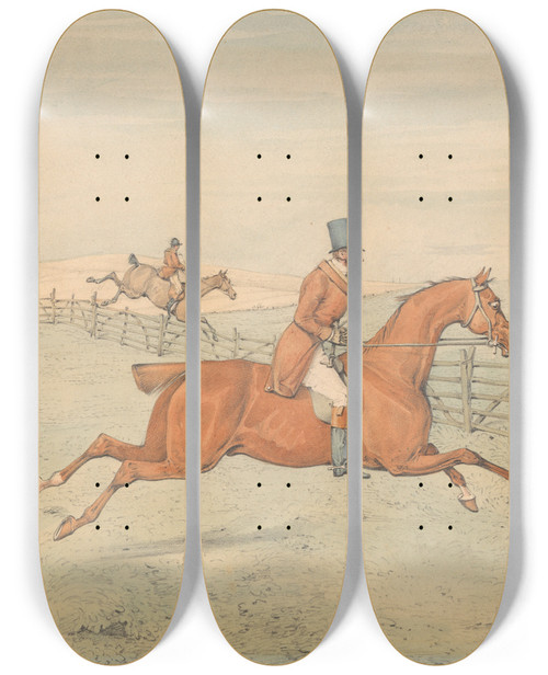Triptych art skateboard deck of Henry Thomas Alken Going At A Rank Of Hurdles With Temper And Resolution by Henry Thomas Alken (1785-1851)
