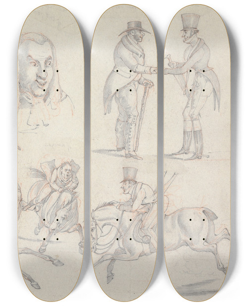 Triptych art skateboard deck of Henry Thomas Alken Symptoms Of How Do You Do Of I Should Not Have Known You Of My Lud Of Easing A Patient Of A Loose Rein Of Wokey Of Tight In Hand by Henry Thomas Alken (1785-1851)